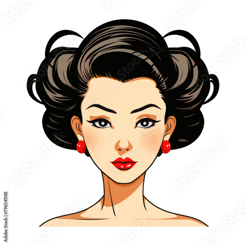 A woman with black hair wearing red earrings.