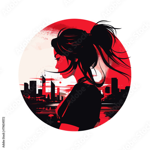 A woman with a ponytail standing in front of a bustling cityscape.