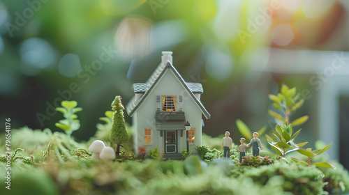 house maquette model with family members and money savings for housing mortgage and buying home affordability concepts as wide banner with copyspace area for text