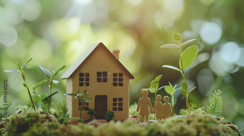 house maquette model with family members and money savings for housing mortgage and buying home affordability concepts as wide banner with copyspace area for text house maquette model with family members and money savings for housing mortgage and buying home affordability concepts as wide banner with copyspace area for text