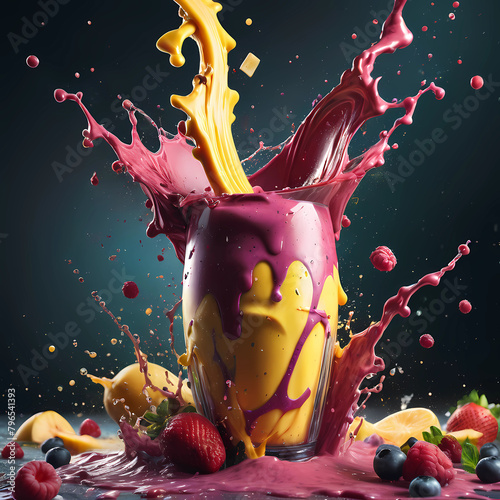 Smoothies, Healthy and vibrant smoothie. Capture dramatic smoothie splash. Creative Dynamic compotition vary angle. Macro Food photography, taken by very high tech expensive camera. Eyecatching, mouth photo