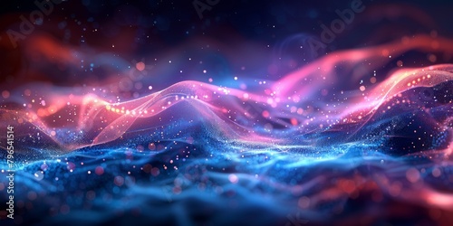A colorful, abstract image of a wave with a blue and red background