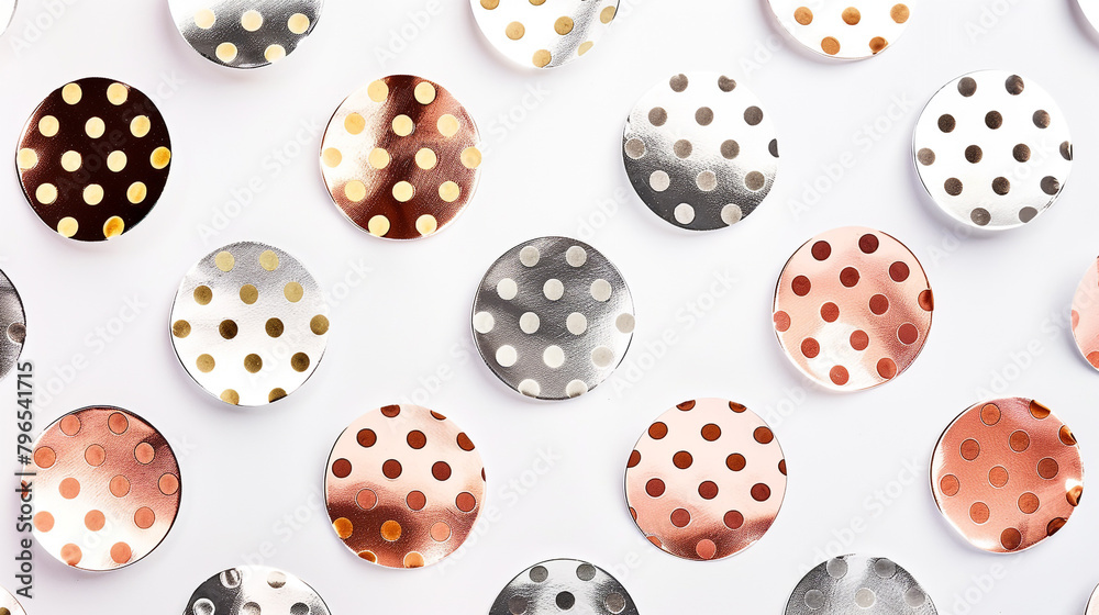 Metallic-hued polka dots on white, ideal for chic fabric prints.