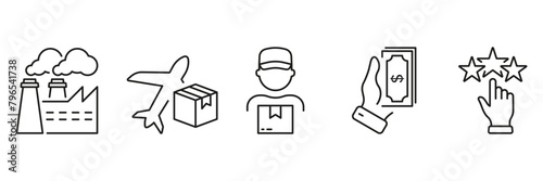 Business Supply Chain Line Icon Set. Factory Production, Shipping, Payment, Rating Symbol Collection. Distribution Industry, Commercial Service Sign. Editable Stroke. Isolated Vector Illustration