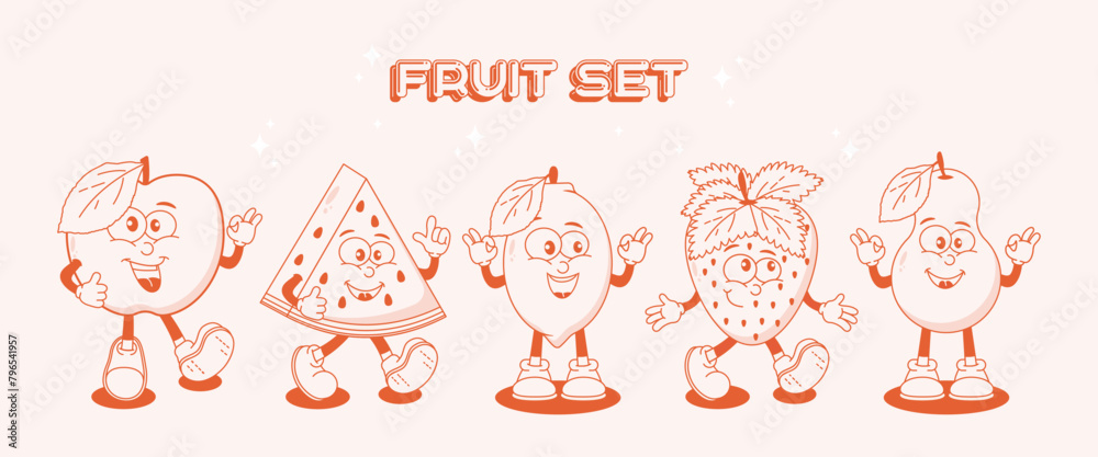 Fototapeta premium Retro fruit set featuring funny comic book characters from the 60s and 70s. Mascot for cafes, restaurants, T-shirt prints. Apple, pear, strawberry, watermelon, lemon in monochrome red. Modern vector 