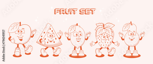  Retro fruit set featuring funny comic book characters from the 60s and 70s. Mascot for cafes, restaurants, T-shirt prints. Apple, pear, strawberry, watermelon, lemon in monochrome red. Modern vector 