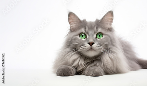 Fluffy Gray Cat Licking Lips with Green Eyes © Tony A