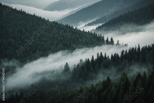 Foggy landscape with fir forest