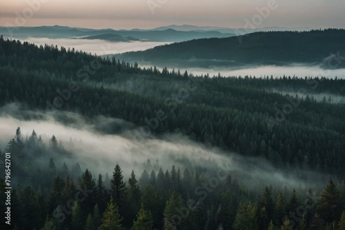Foggy landscape with fir forest