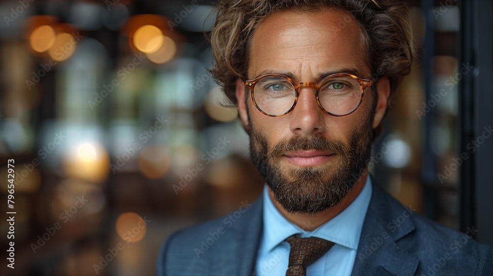 Confident businessman with beard standing in office, looking at camera. Confident businessman with beard standing in office, looking at camera.