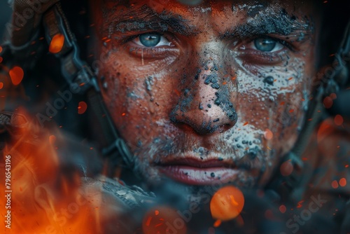 Close-up of a person with a camouflaged face, gazing intensely amidst smoke and fire