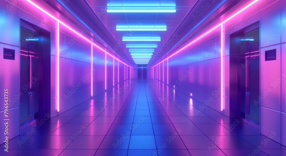 3d rendering of a corridor room with futuristic purple neon light.