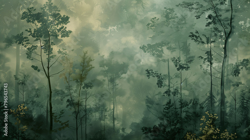 Ethereal Morning Mist in Lush Green Forest Scene photo