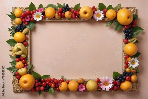 Wooden frame with fruits on a pastel background. Greeting card template for wedding, mothers or woman day. Springtime composition with copy space.