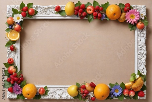 Wooden frame with fruits on a pastel background. Greeting card template for wedding  mothers or woman day. Springtime composition with copy space.