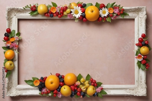 Wooden frame with fruits on a pastel background. Greeting card template for wedding  mothers or woman day. Springtime composition with copy space.
