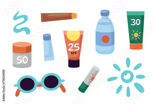 Sun protection tips set. Sunscreen bottles, jars, tubes. Strokes of sunscreen cream strokes. Beach holidays, sun bathing concept. Flat design, cartoon SPF cosmetic products collection. © Kate Artery19