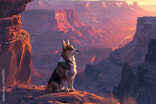 A curious Corgi standing at the base of a towering canyon, looking up as the first light of dawn breaks over the rim. The soft pink and orange hues of the morning sky cast a gentle glow photo