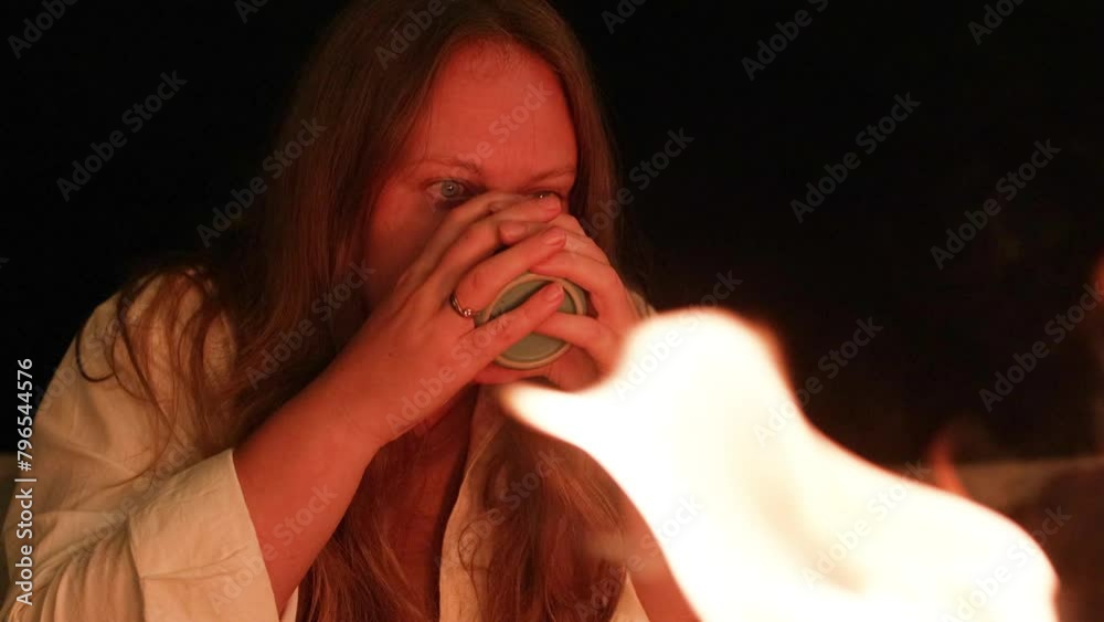 Lady drinking tea near fireplace. Lady drinking tea near fireplace.