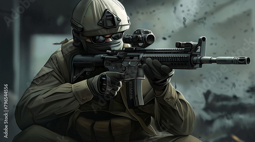 A soldier wearing a helmet and tactical gear is taking cover and aiming his rifle.