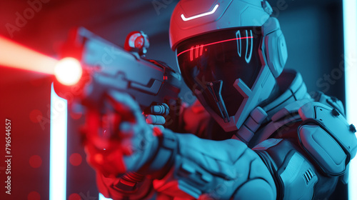 A soldier wearing a futuristic helmet and armor is aiming a gun.