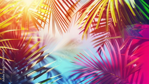 trendy summer Bali style floral patter background , colorful leaves palm shape art video wallpaper. Summer colors botanical tropical leaves ,sun light and shadows, pink, yellow leaf  photo