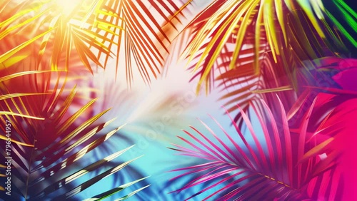 trendy summer Bali style floral patter background , colorful leaves palm shape art video wallpaper. Summer colors botanical tropical leaves ,sun light and shadows, pink, yellow leaf 