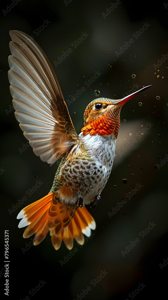 Fototapeta premium Flying hummingbird with green forest in background. Small colourful bird in flight.