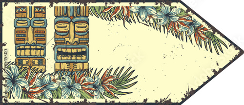 Vintage tiki surf poster with retro summer vibes and tropical polynesian illustration for beach and surfing enthusiasts looking for exotic decoration and a touch of nostalgia. Text space