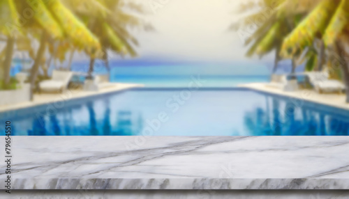 Empty white marble stone table top and blurred swimming pool in tropical resort in summer banner background © Loliruri