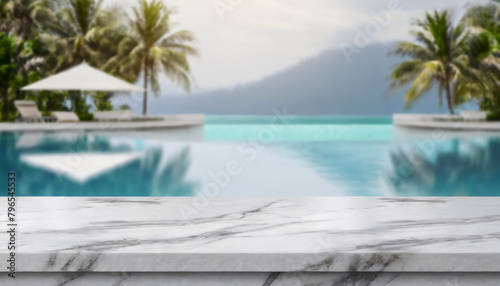 Empty white marble stone table top and blurred swimming pool in tropical resort in summer banner background