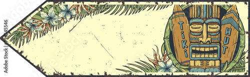 Retro graphic represents a vintage tiki mask poster design, perfect for surfing enthusiasts, with a touch of tropical beach flair and space for custom text. Text space