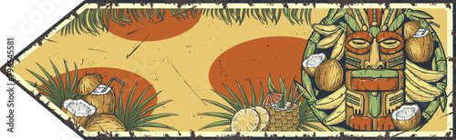 Retro illustration featuring a tiki mask, surfboards, and tropical elements on a beach-themed background, perfect for a vintage surf poster or summer event promotion. Text space