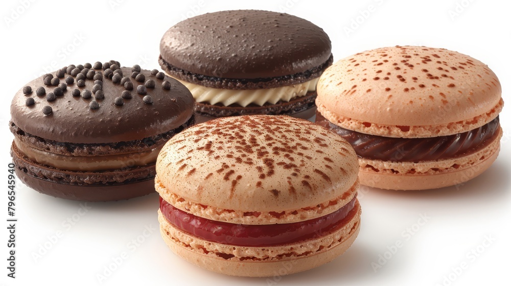 Four macaroons, each topped with chocolate frosting and sprinkles Four macaroons, each topped with chocolate frosting and sprinkles