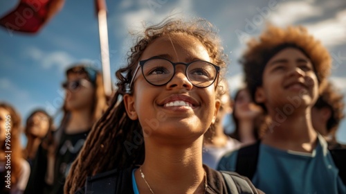 Smiling Young Girl at Outdoor Rally with Diverse Crowd © Oksana Smyshliaeva