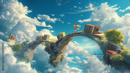 A girl is walking on a stone bridge in the sky. The bridge is made of books and there are clouds and birds flying around her. photo