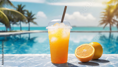 Fresh orange juice with ice, straw and slice in takeaway cup isolated on pool background 