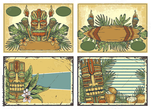 Tiki masks surfing summer bar poster set. Tropical leaves, hawaiian vibes. Hawaii wooden collection. Traditional ethnic idol of hawaiian, maori, polynesian. Old tribal totem for tiki bar. Text space