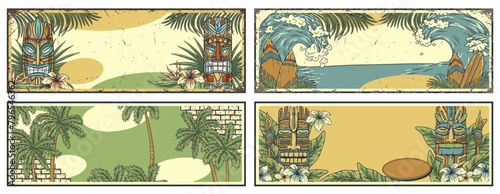 Summer beach tiki signs. Surfing poster set with ethnic masks and tropical leaves. Hawaii wooden tiki mask collection. Idol of hawaiian, maori or polynesian. Old tribal totem for tiki bar. Text space
