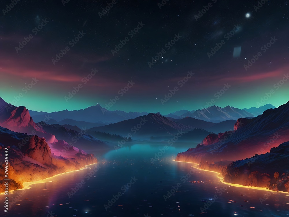 A true masterpiece of digital art, this geometric isometric wall frame mockup features a stunning fusion of opalescent effects, astral glow, and surreal naturalism, creating a unique and immersive vis