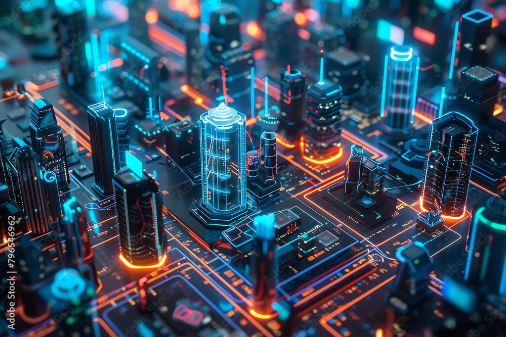 Craft a mesmerizing aerial perspective of a futuristic digital ...