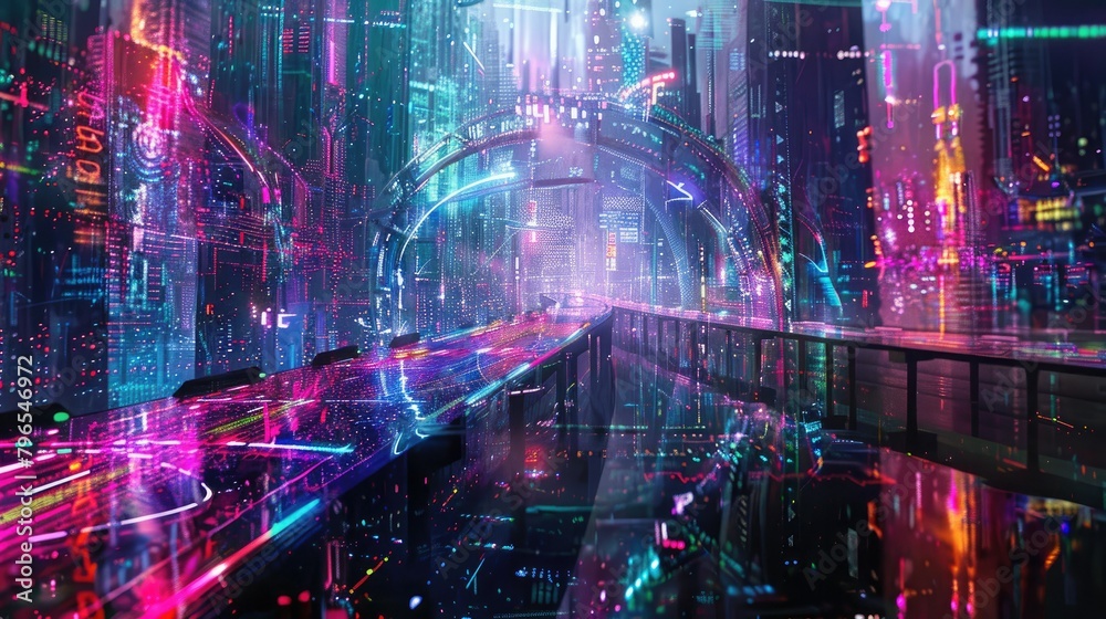 A cityscape with neon lights and a bridge