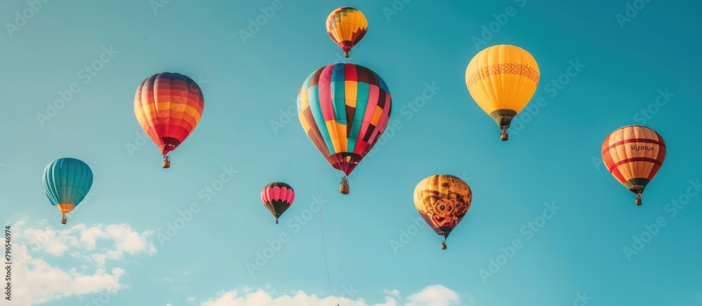 Fototapeta premium Flying colorful hot air balloons. with a beautiful blue sky in the background.