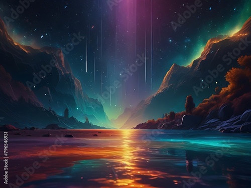 A true masterpiece of digital art, this geometric isometric wall frame mockup features a stunning fusion of opalescent effects, astral glow, and surreal naturalism, creating a unique and immersive vis photo