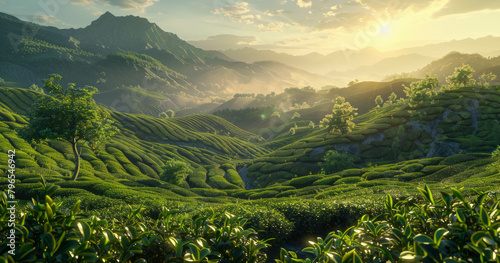 Scenic view of a tea plantation  showcasing the beauty of organic cultivation in nature  AI generative.