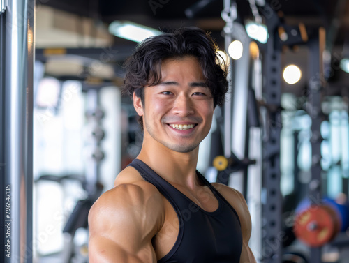 young attractive Japanese masculine male personal trainer in a gym, smile with confident © Veronika