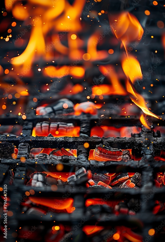 close up of grill on fire, flames, embers close up of grill on fire, flames, embers