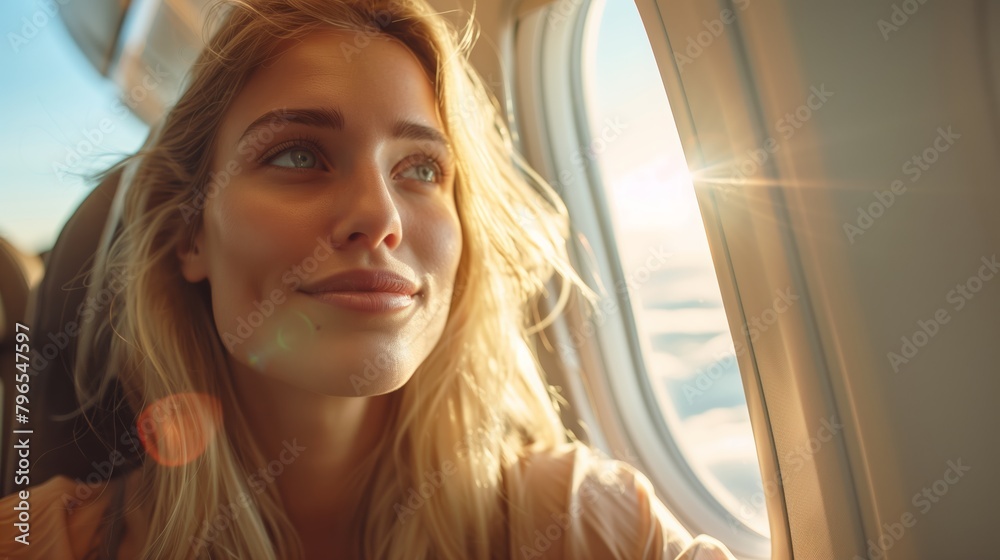 Portrait of a woman sitting in a window seat of an airplane Portrait of a woman sitting in a window seat of an airplane