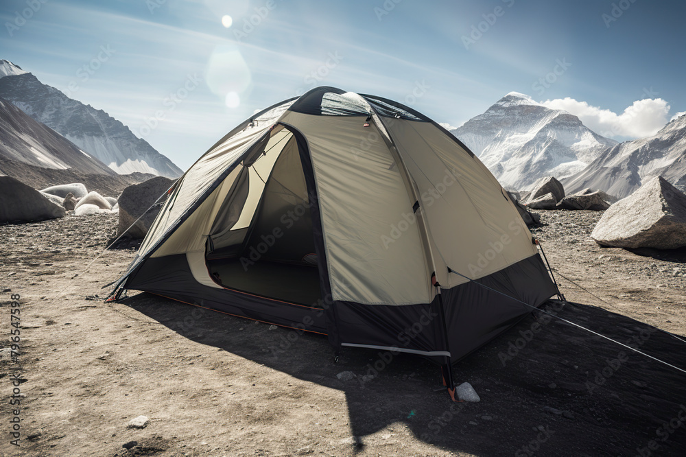 a tent pitched amidst rocky terrain with majestic snow-capped mountains in the background under a bright sky
