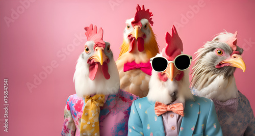 Creative animal concept. Group of chicken hen in funky Wacky wild mismatch colourful outfits isolated on bright background advertisement, copy space. birthday party invite invitation banner   © Sandra Chia